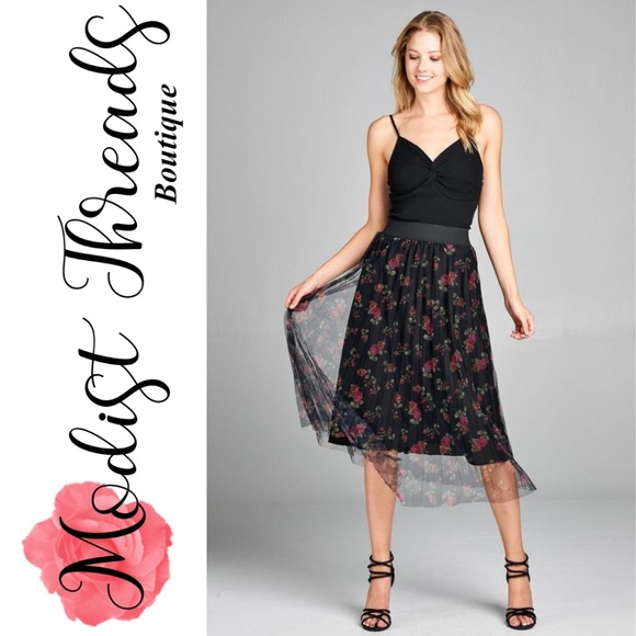 Pleated Floral Print Mesh Midi Skirt - Picture 1 of 5